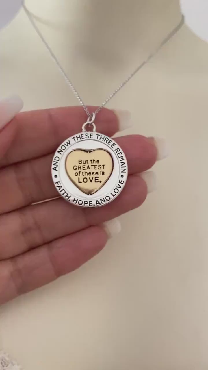 Faith Hope and love Bible Verse Spinner Necklace, 1 Corinthians 13:13, Christian Gifts, Scripture jewelry, Love Necklace, gift for Her