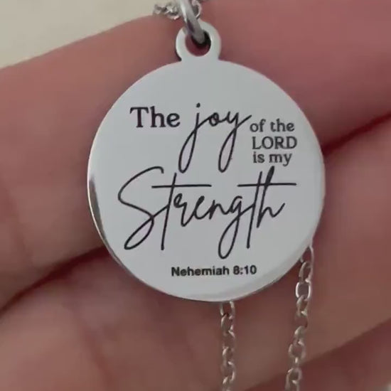 The Joy of The Lord is My Strength Christian Necklace: Engraved Bible Verse Jewelry Christian Gifts Scripture Charms