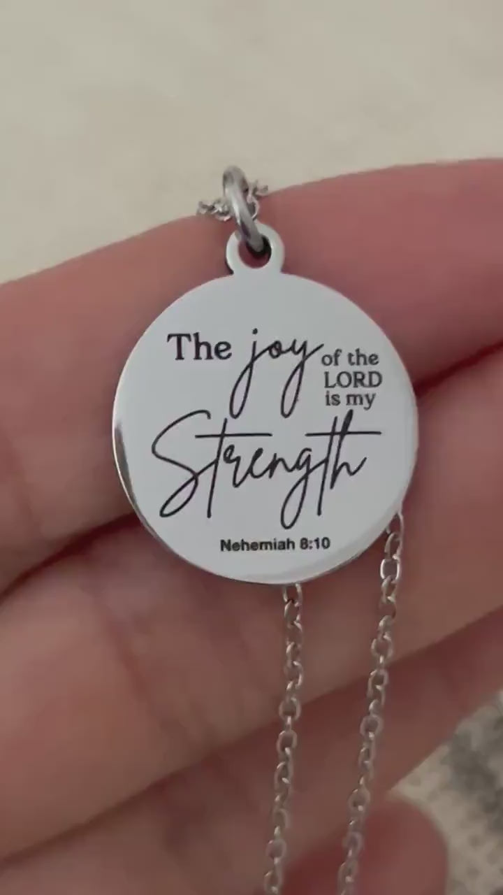 The Joy of The Lord is My Strength Christian Necklace: Engraved Bible Verse Jewelry Christian Gifts Scripture Charms