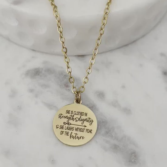 Proverbs 31:25 Gold Necklace, She is clothed in strength and Dignity, Christian Gifts Jewelry, Bible Quote Necklace, Scripture Jewelry,