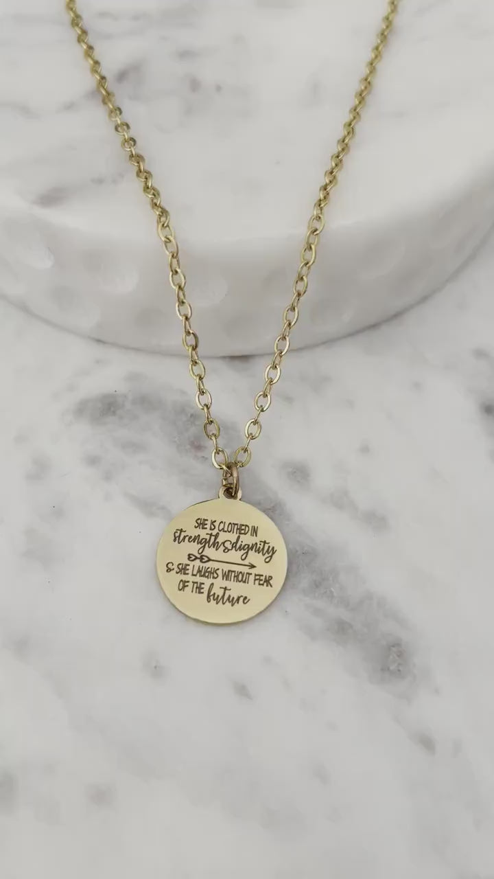 Proverbs 31:25 Gold Necklace, She is clothed in strength and Dignity, Christian Gifts Jewelry, Bible Quote Necklace, Scripture Jewelry,