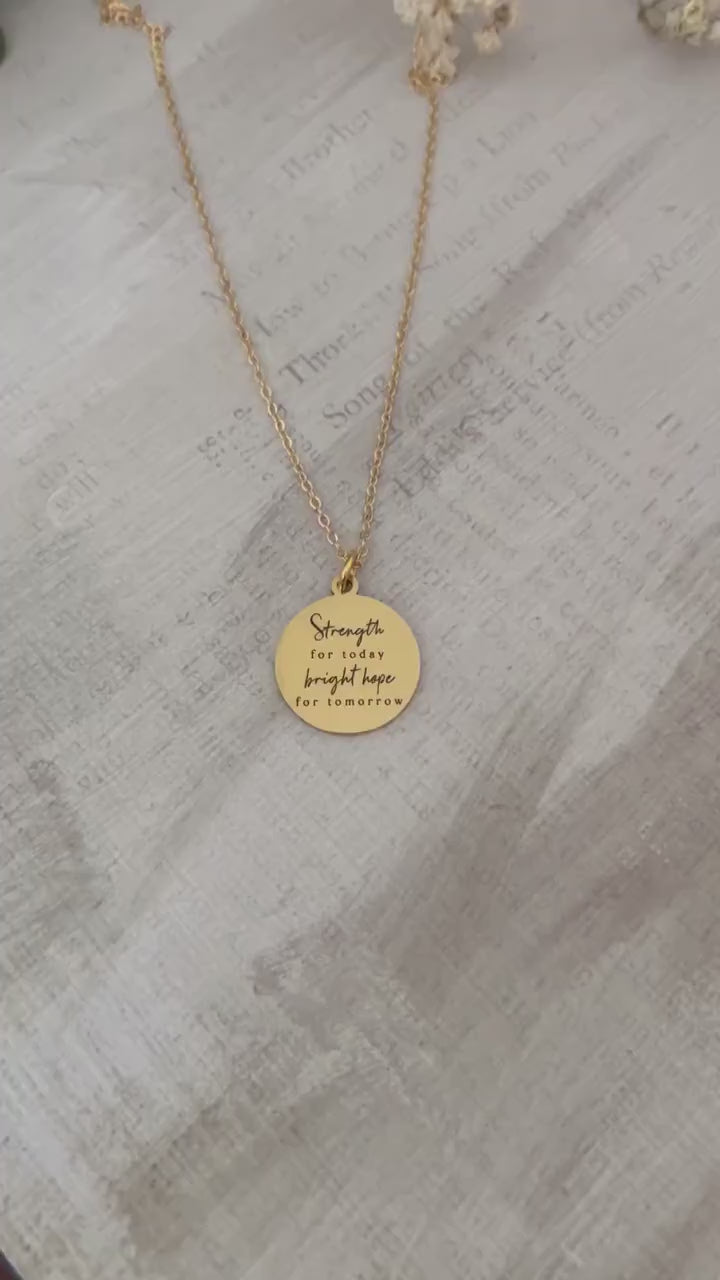 Strength for today Bright hope for Tomorrow Bible Verse Gold Necklace, Christian Faith Gifts, Scripture Jewelry, Personalize engraved Charms
