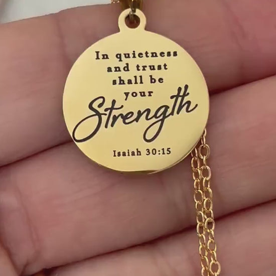 In Quietness and Trust Shall Be Your Strength Necklace | Isaiah 30:15 Bible Verse Jewelry | Christian Gift for Women | Faith Pendant