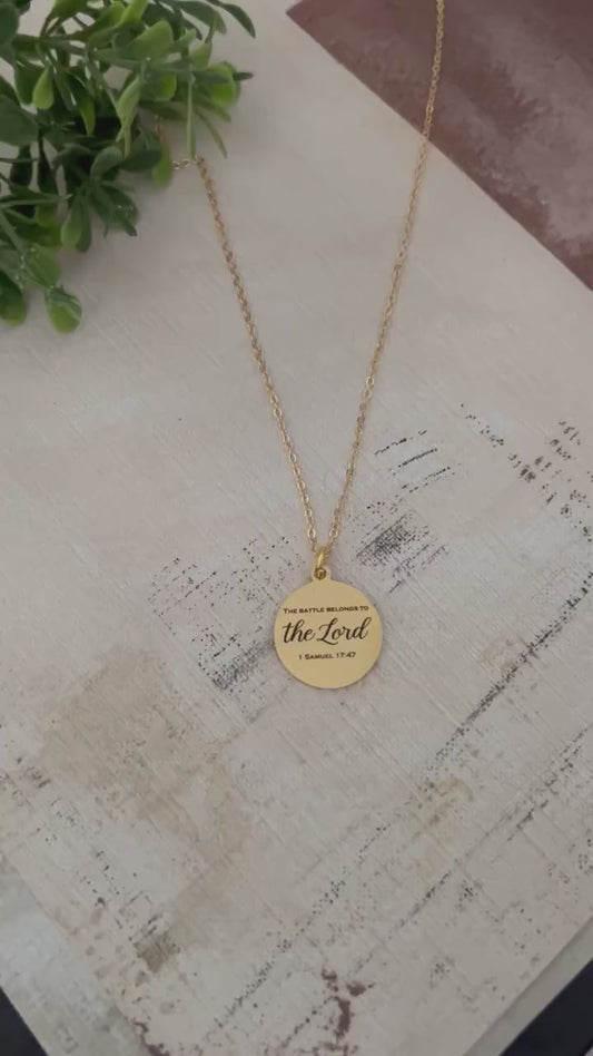 The Battle belongs to The Lord Bible Verse Gold Necklace, Christian Gifts, Scripture Jewelry, Personalized Quote Necklace, 1 Samuel 17:47