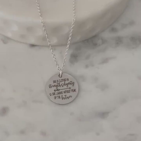 She is clothed in strength and Dignity Proverbs 31 Necklace, Christian Jewelry gifts, Engraved Bible Verse Necklace, Proverbs 31:25