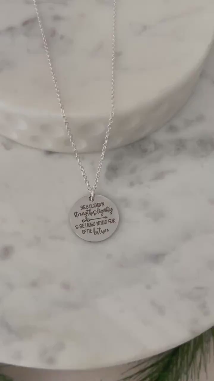 She is clothed in strength and Dignity Proverbs 31 Necklace, Christian Jewelry gifts, Engraved Bible Verse Necklace, Proverbs 31:25