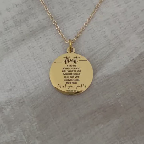 Trust in The Lord Gold Bible Verse Necklace, Proverbs 3:5, Christian Gifts, Scripture Jewelry, Gifts for Mom, Baptism, Motivational Gifts