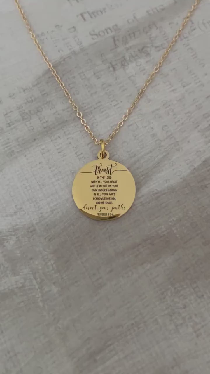 Trust in The Lord Gold Bible Verse Necklace, Proverbs 3:5, Christian Gifts, Scripture Jewelry, Gifts for Mom, Baptism, Motivational Gifts