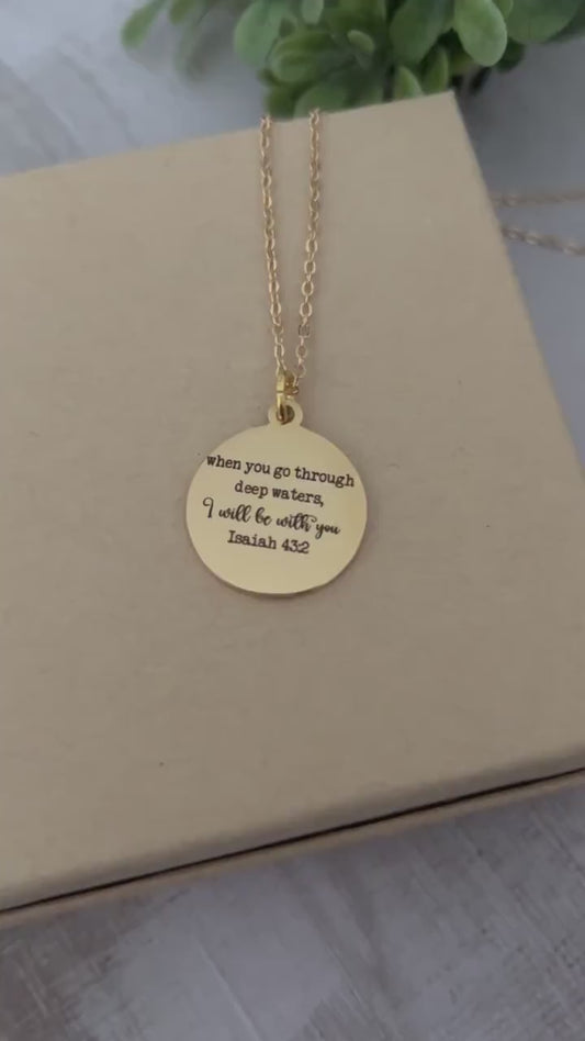 When you go through deep waters I will be with you Gold Scripture Necklace, Isaiah 43:2, Christian Gifts Jewelry, Bible Verse Faith Necklace