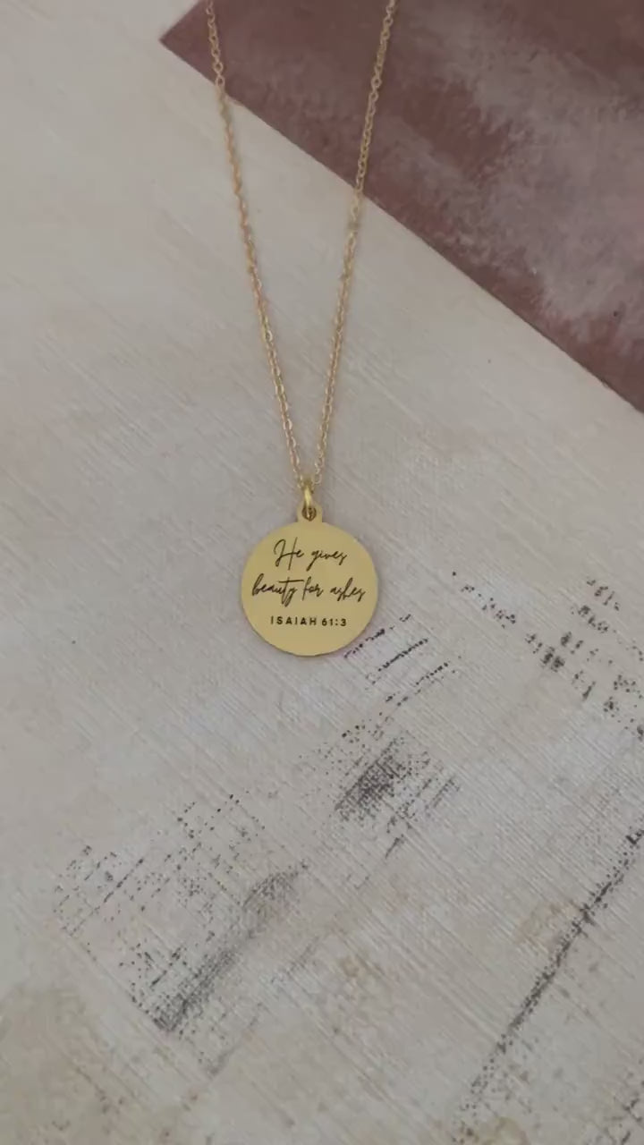 Beauty for Ashes Isaiah 61:3 Gold Necklace, Christian Gifts, bible verse Jewelry, Personalized necklace Crown of beauty Jewelry