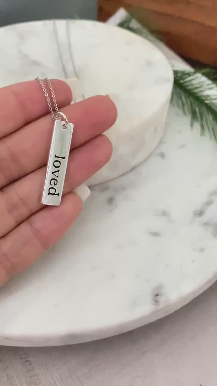 Loved Silver Bar Necklace, Motivational Inspirational Jewelry, minimalist, engraved bar necklace, Affirmation Christian Jewelry, self care