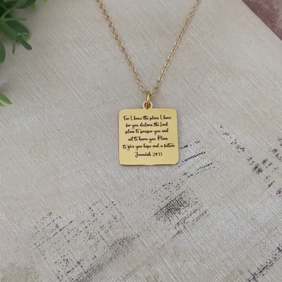 For I know the plans that I have for you Bible Verse Gold Necklace, Christian Jewelry Gifts, Jeremiah 29:11, Personalized Engraved Necklace