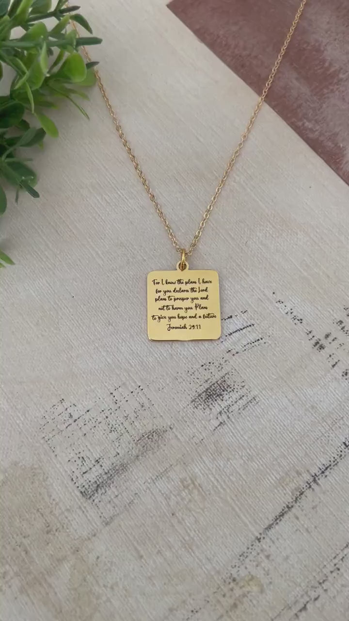 For I know the plans that I have for you Bible Verse Gold Necklace, Christian Jewelry Gifts, Jeremiah 29:11, Personalized Engraved Necklace