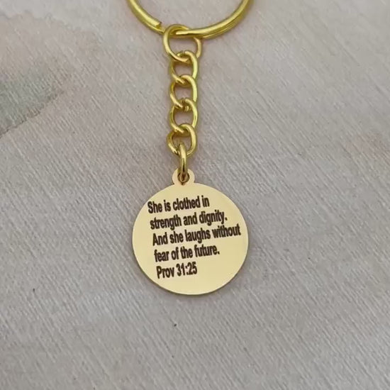 She is clothed in strength and dignity proverbs 31 Keychain, Affirmation Charms pendants, motivational Gifts Jewelry, custom keychains