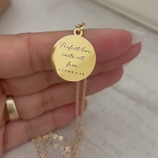 Perfect Love Casts out fear Bible Verse Gold Necklace, Christian Gift, Scripture Jewelry, Personalize Necklace, Engraved Charms, 1 John 4:18
