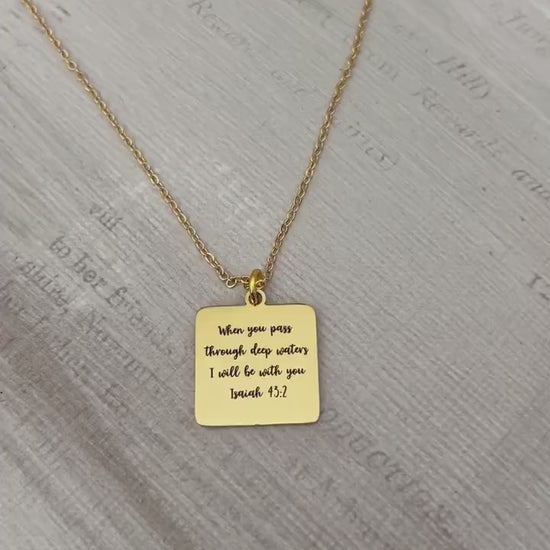 When you pass through deep waters I will be with you Gold Scripture Necklace, Isaiah 43:2, Christian Gifts Jewelry, Bible Verse Necklace