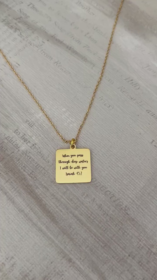 When you pass through deep waters I will be with you Gold Scripture Necklace, Isaiah 43:2, Christian Gifts Jewelry, Bible Verse Necklace