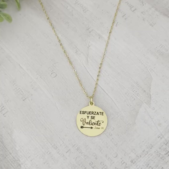 Be Strong And Courageous Gold Necklace Spanish, Esfuerzate y se Valiente, Bible Verse Charms, Christian Gifts, Scripture Jewelry, Joshua 1:9