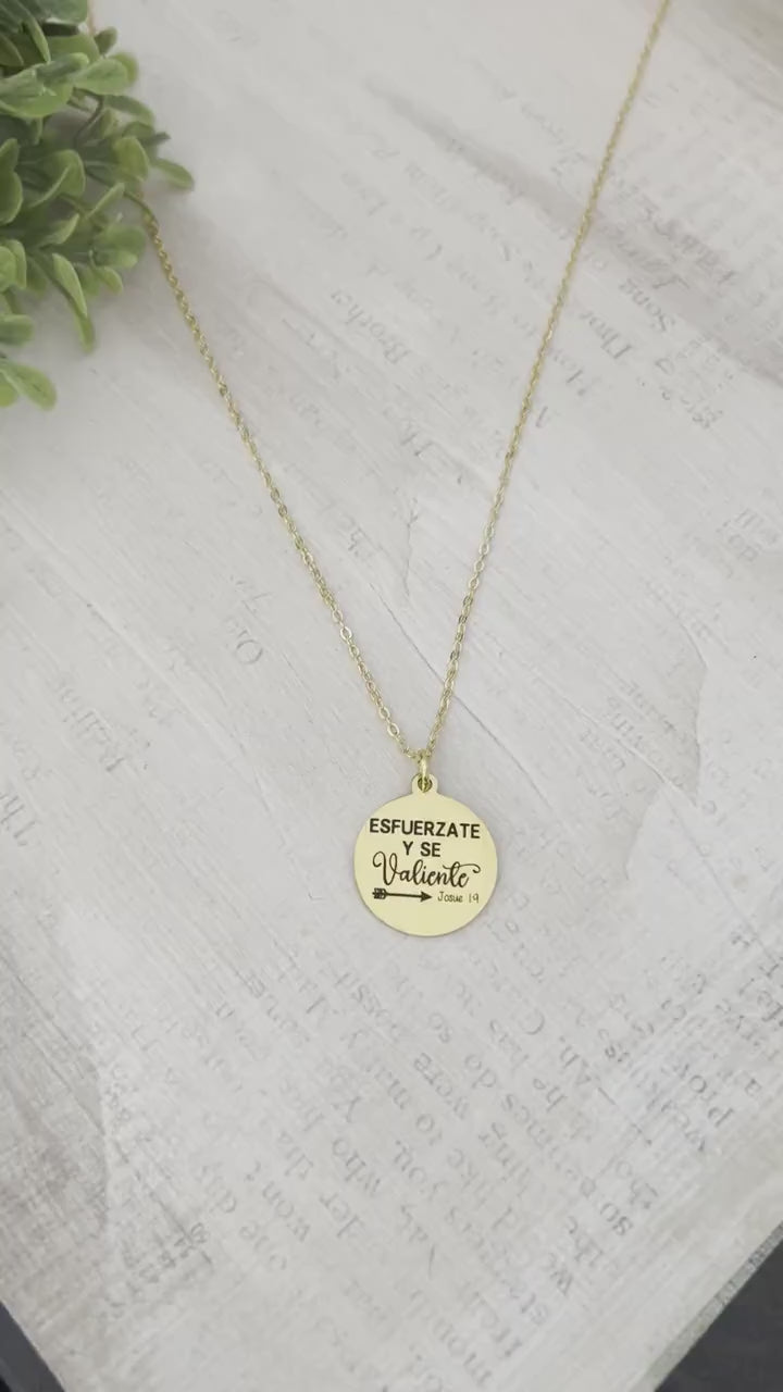 Be Strong And Courageous Gold Necklace Spanish, Esfuerzate y se Valiente, Bible Verse Charms, Christian Gifts, Scripture Jewelry, Joshua 1:9