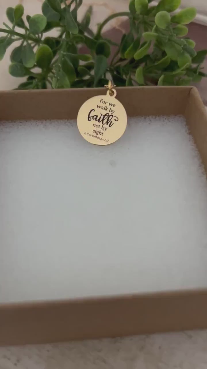 Engraved Gold Charm Necklace: Christian Scripture Jewelry Gift For we walk by faith