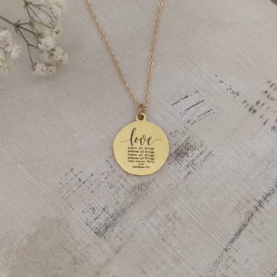 Love Never Fails Bible Verse Necklace, Christian Gifts, Scripture Necklace, Mothers Day Gift, Wedding Gift, Love Jewelry, Corinthians 13:7