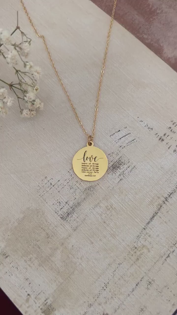 Love Never Fails Bible Verse Necklace, Christian Gifts, Scripture Necklace, Mothers Day Gift, Wedding Gift, Love Jewelry, Corinthians 13:7