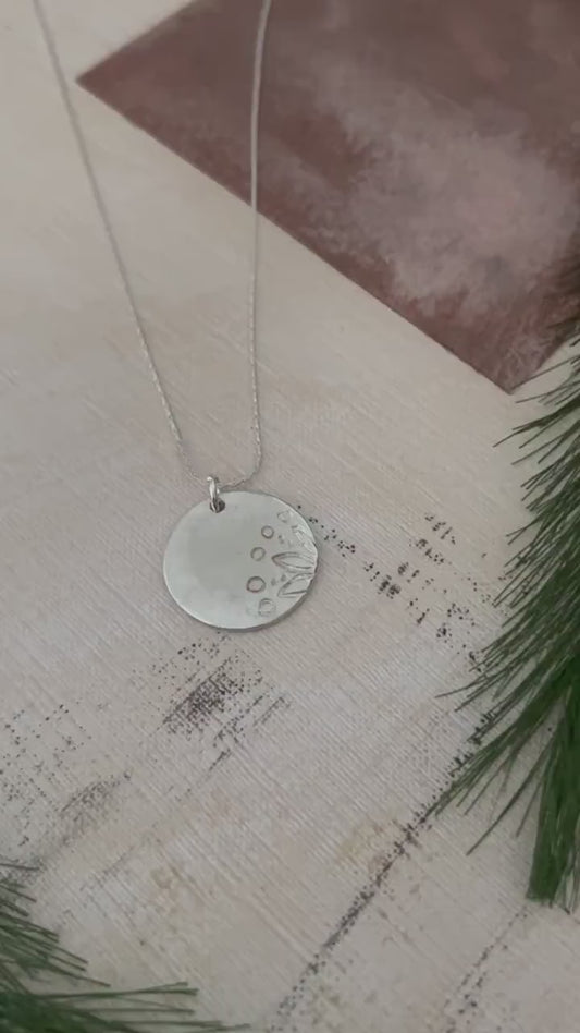 Flower Disc Stamped Sterling Silver Necklace,  Sterling Silver Dainty Chain, Hand Stamped Jewelry, Floral charm Pendant, Flower lovers gift