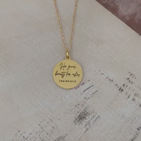 Beauty for ashes bible verse Necklace, 16K Gold plated, Scripture Jewelry, Christian Gifts, Isaiah 61:3, Faith Charms, Gift for Mom, Baptism