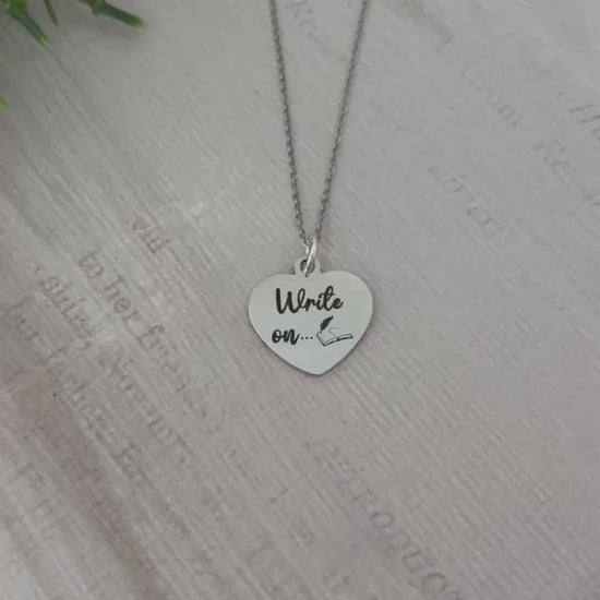 Write on Silver Necklace, Gift for Writers,Author Pendant, Novelist Gift, Writing Jewelry, Love to Write, editor gift, Journalist gift charm