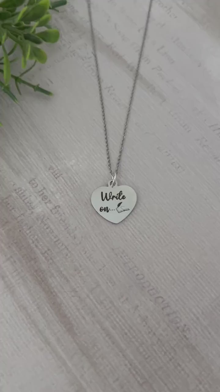 Write on Silver Necklace, Gift for Writers,Author Pendant, Novelist Gift, Writing Jewelry, Love to Write, editor gift, Journalist gift charm