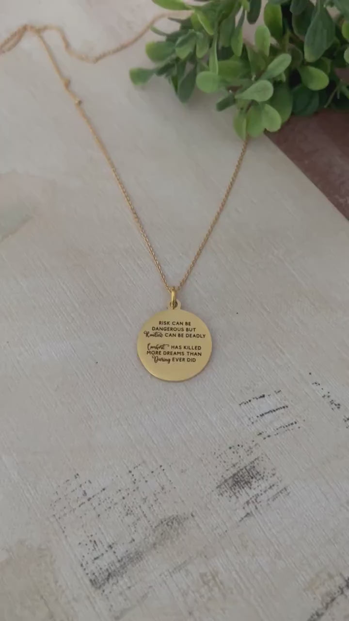 Risk Quote Necklace, 16K Gold Plated, Encouraging Motivational Gift, inspirational jewelry, Self Care Gift, No Risk No Magic,