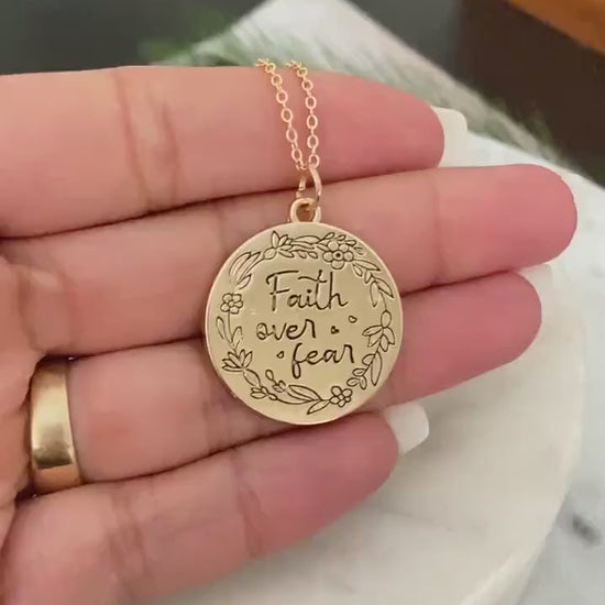 Faith Over Fear Gold Coin Necklace, Engraved Floral Necklace, Christian Gifts, Scripture Faith jewelry, gift for mom, Mother’s Day