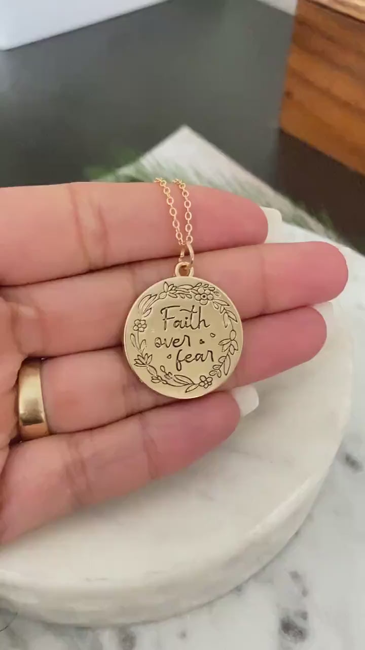 Faith Over Fear Gold Coin Necklace, Engraved Floral Necklace, Christian Gifts, Scripture Faith jewelry, gift for mom, Mother’s Day