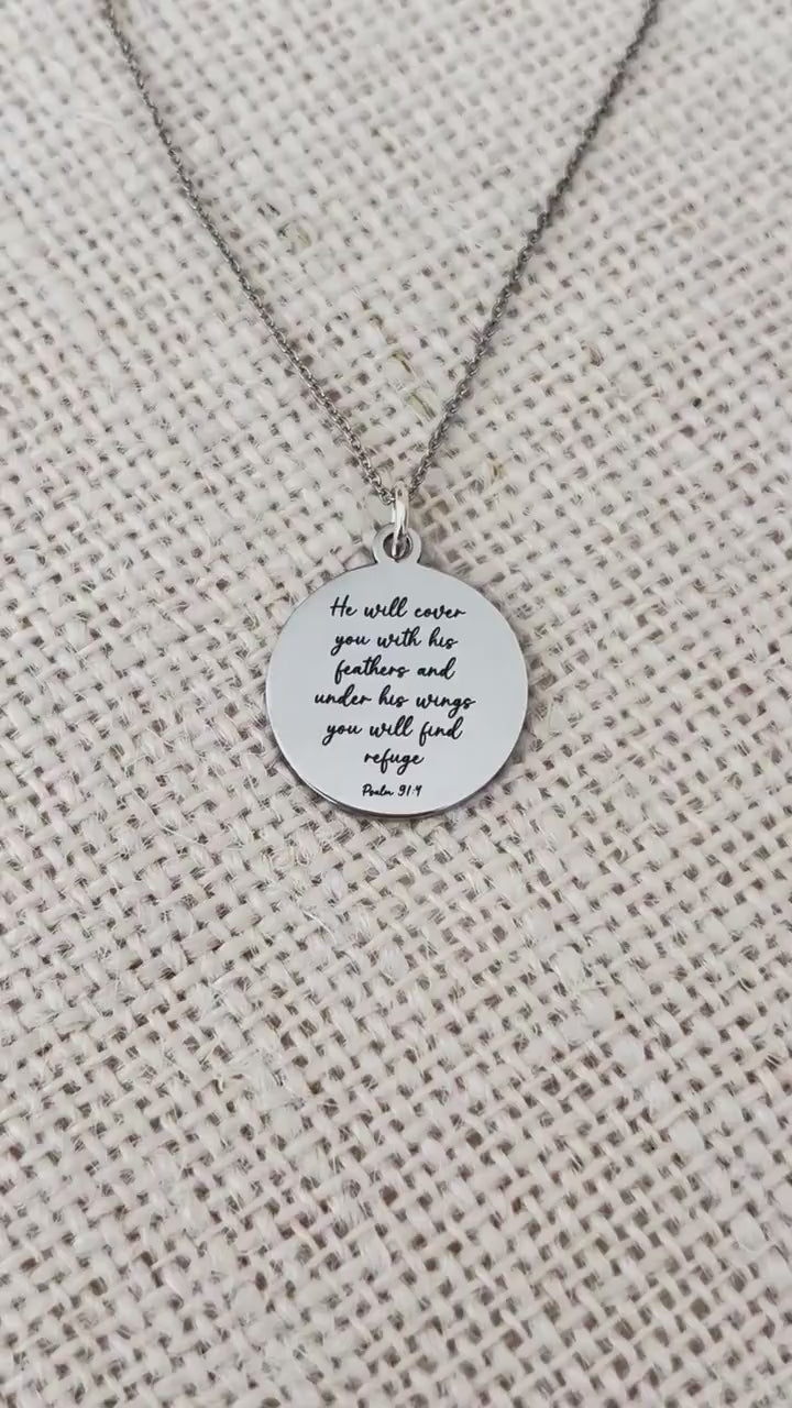 Psalm 91 Engraved Stainless Steel Necklace: Christian Scripture Jewelry Mothers Day Gifts