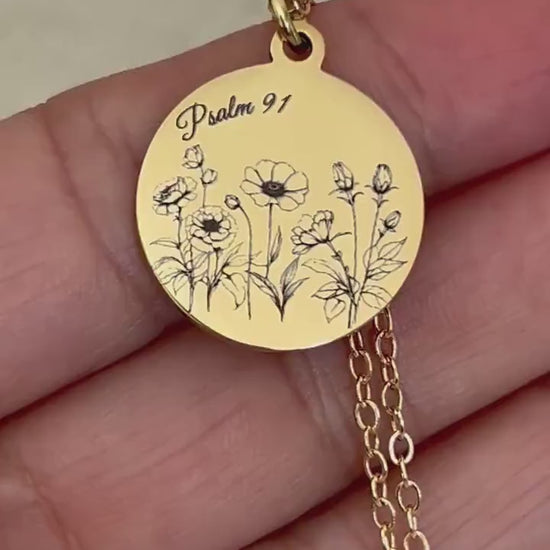 Psalm 91 Necklace for Protection | Engraved Flower Bouquet Pendant | Christian Gift for Women | Faith Charms  Summer Jewelry