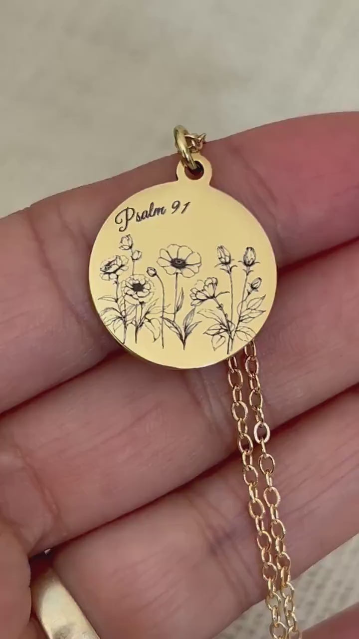 Psalm 91 Necklace for Protection | Engraved Flower Bouquet Pendant | Christian Gift for Women | Faith Charms  Summer Jewelry