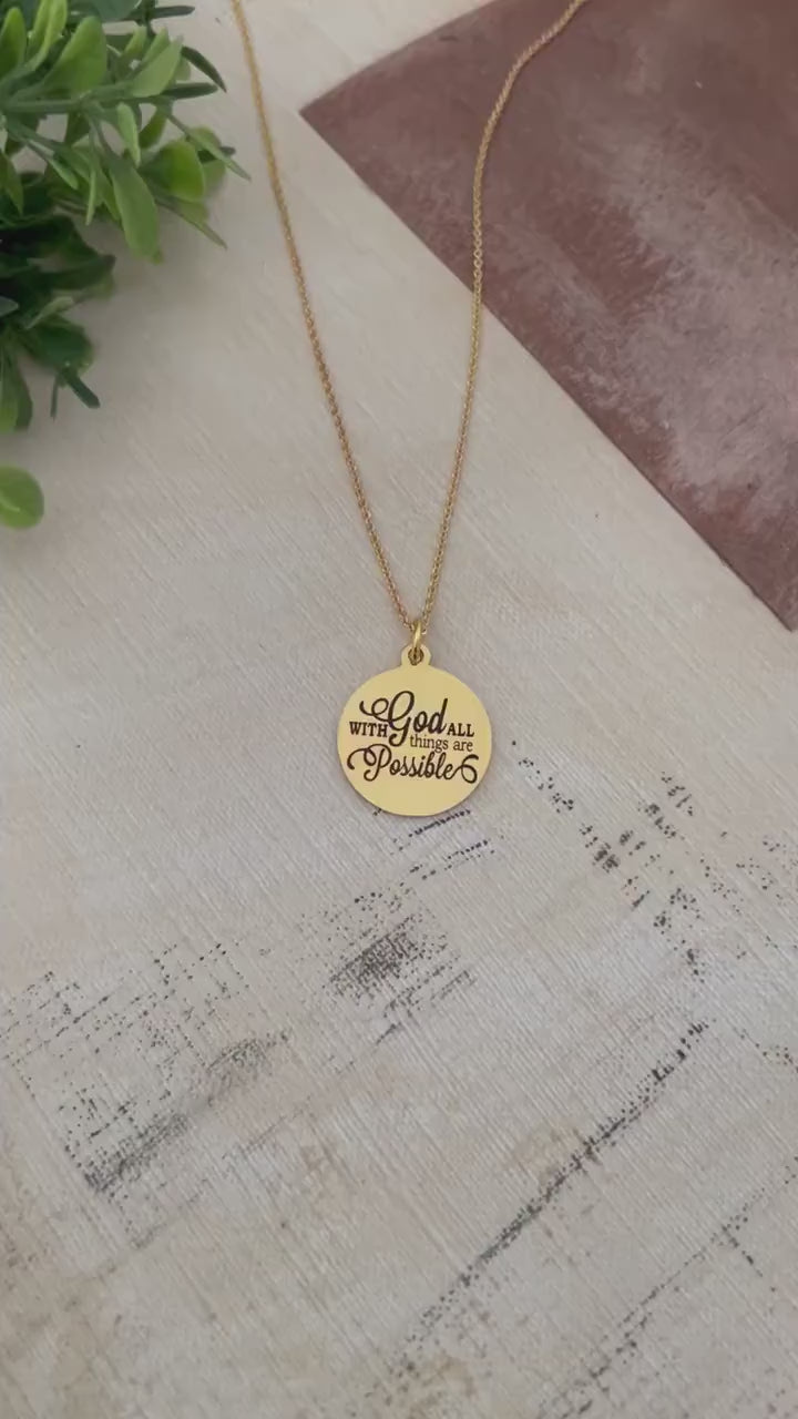 With God All Things are Possible Bible Gold Verse Necklace, Christian Gifts, Scripture Jewelry Charms, Christian Necklace , Easter, Baptism