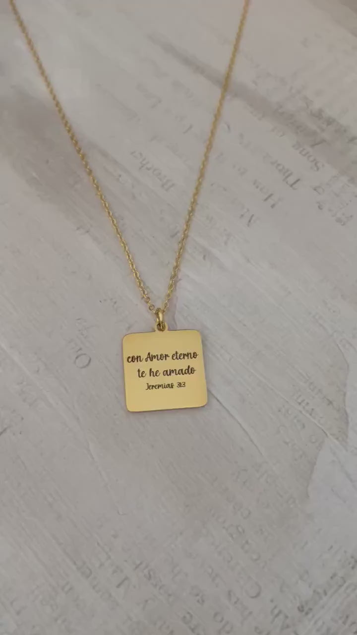 I have Loved you with an Everlasting Love Bible Verse Necklace, Spanish, 16K Gold Plated, Christian gifts, Mothers Day Gift, Scripture Charm