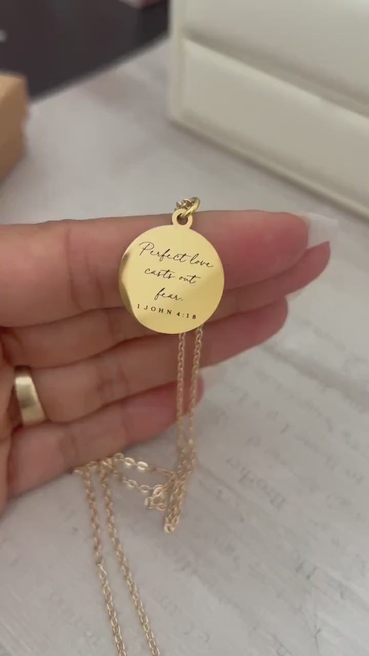 1 John 4:18 Necklace | Perfect Love Casts Out Fear | Christian Necklace for Women | Gold Bible Verse Jewelry | Encouragement Gift