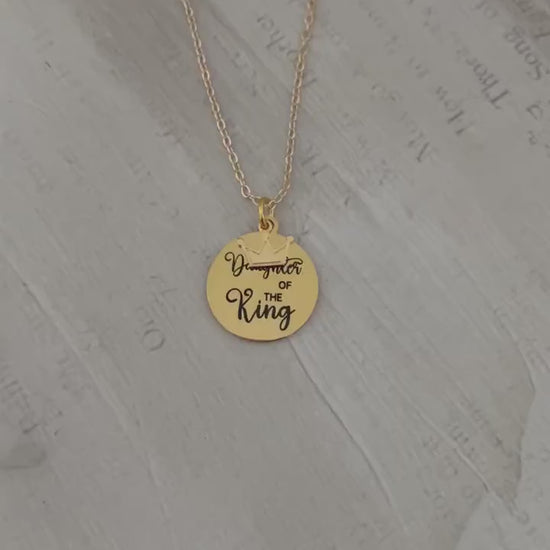 Daughter of The King Necklace: Engraved Gold Crown Charm, Christian Gift
