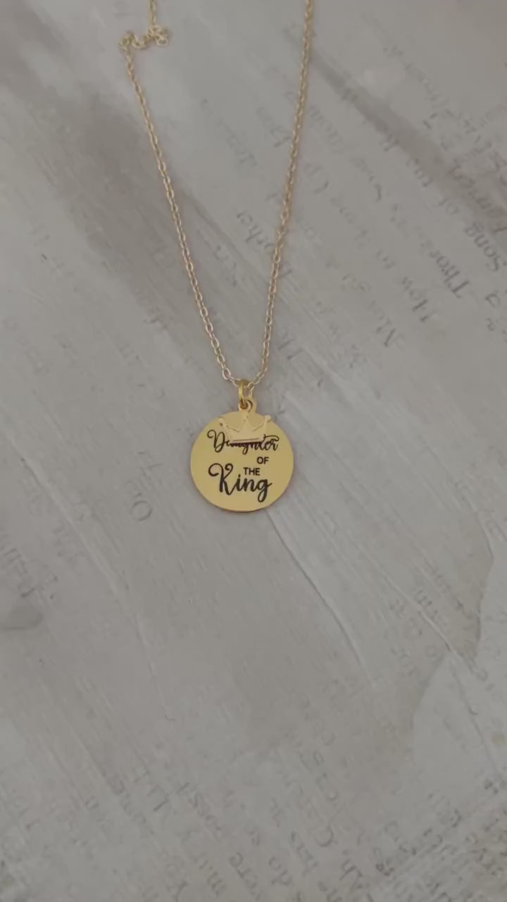 Daughter of The King Necklace: Engraved Gold Crown Charm, Christian Gift