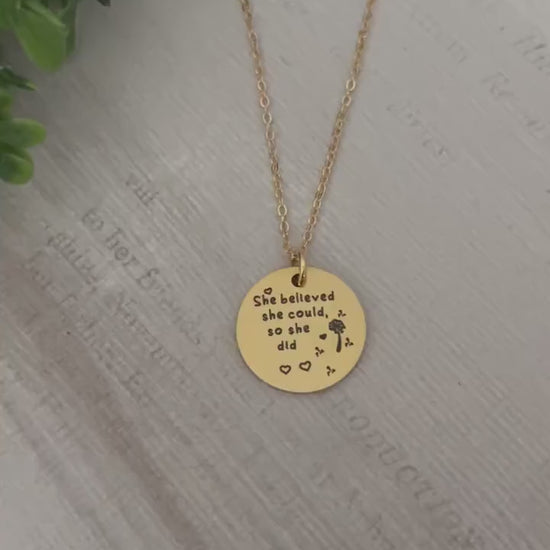 She believed She could so She did Gold Necklace, Inspirational Jewelry, Gift for Daughter, Motivational Charm Pendant, Graduation Gift