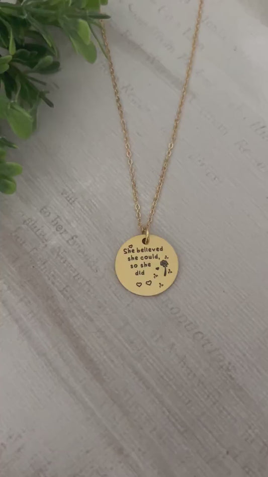 She believed She could so She did Gold Necklace, Inspirational Jewelry, Gift for Daughter, Motivational Charm Pendant, Graduation Gift