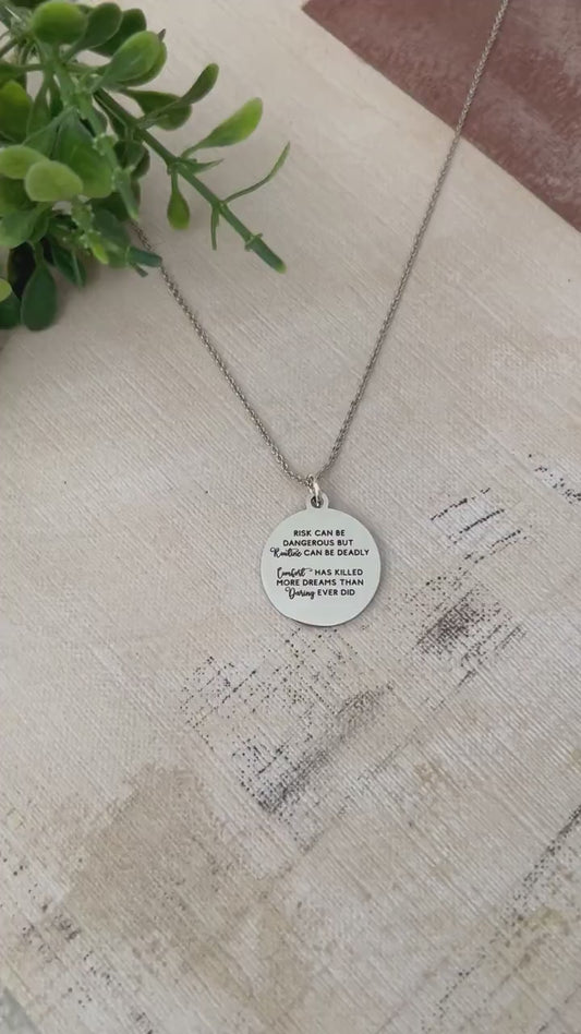 Risk Quote Necklace, Encouraging Motivational Gift, inspirational jewelry, Self Care Gift, Stainless Steel dainty chain, Quote Necklace