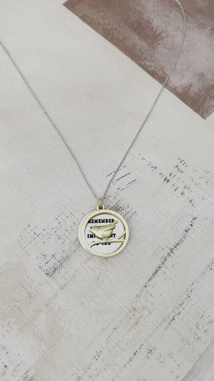 Remember what is important to you Bird Necklace, Motivational Inspirational Jewelry Two Layer Disc Pendant Self Care Charm, Bird Lovers Gift