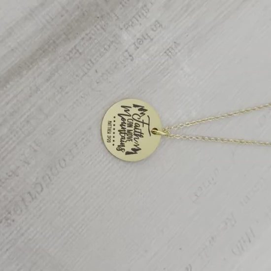 Faith Can Move Mountains Gold Bible Verse Necklace, Christian Gifts, Scripture Jewelry, Mathew 17:20, Faith Necklace Charm, 16K Gold Plated