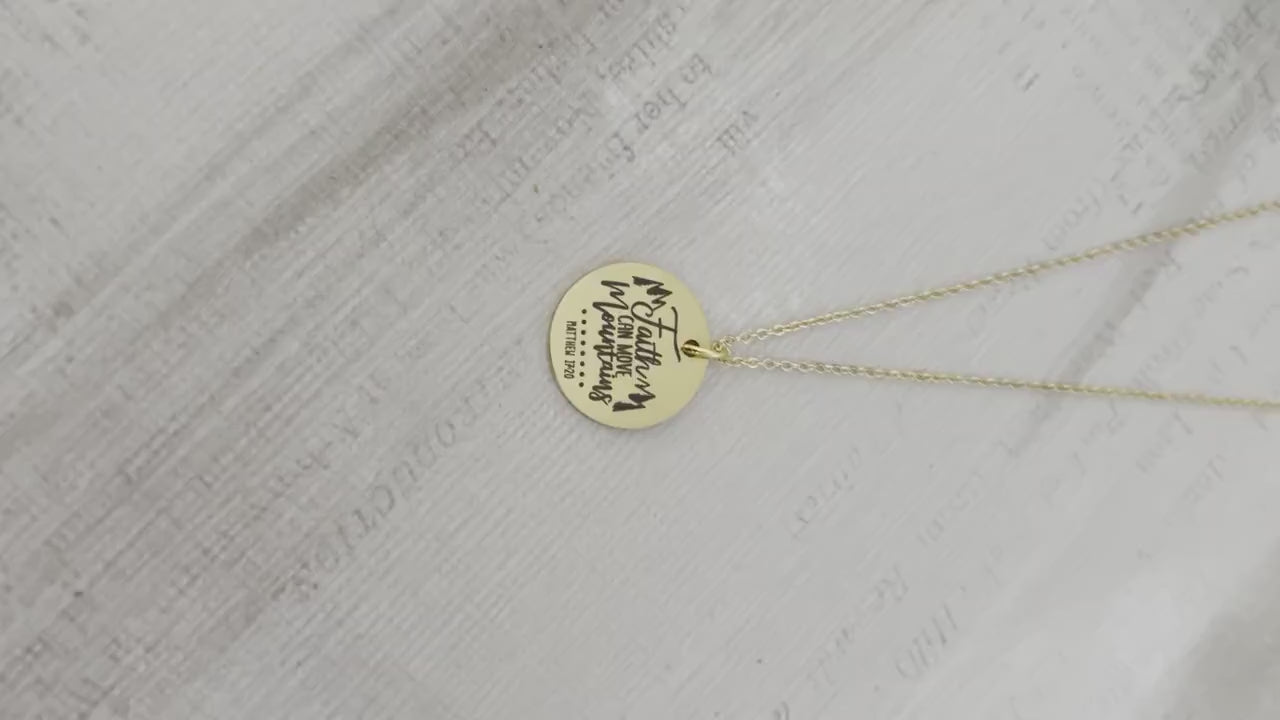 Faith Can Move Mountains Gold Bible Verse Necklace, Christian Gifts, Scripture Jewelry, Mathew 17:20, Faith Necklace Charm, 16K Gold Plated