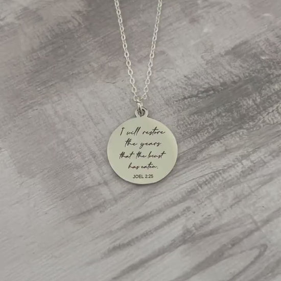 Bible Verse Necklace Joel 2:25, I will restore the years that the locust has eaten, Christian Gift, Scripture Jewelry, Personalized Necklace