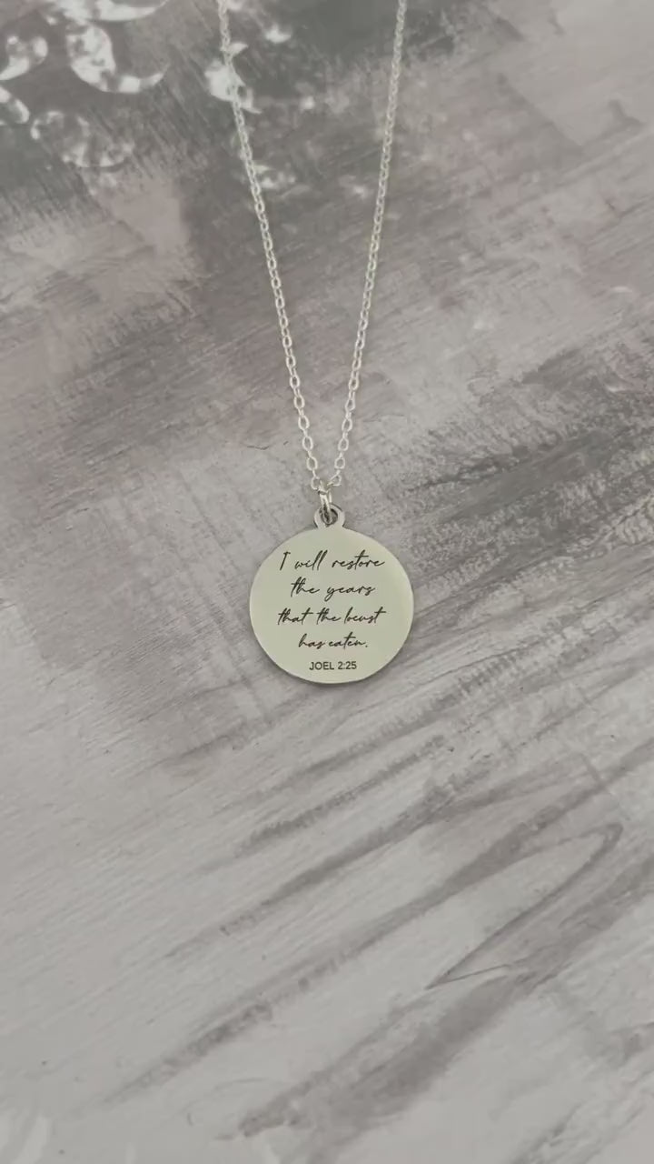 Bible Verse Necklace Joel 2:25, I will restore the years that the locust has eaten, Christian Gift, Scripture Jewelry, Personalized Necklace