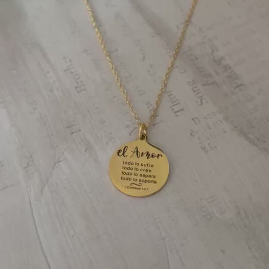 Love Never Fails Gold Necklace in Spanish, El Amor, Christian Jewelry Gifts, Scripture Necklace, Bible Verse Jewelry, Gift for Her